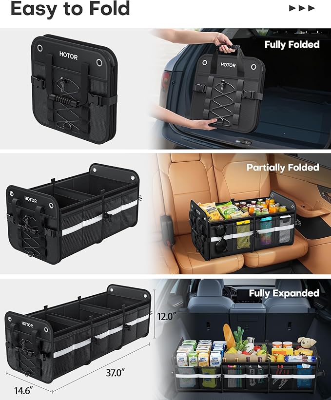 HOTOR Trunk Organizer - 3-Compartment Car Organizer and Storage with Cooler Bag, Foldable Car Storage Organizer for SUV with Handles & Strap for Shopping, Picnic, 37.0" x 14.6" x 12.0", Black