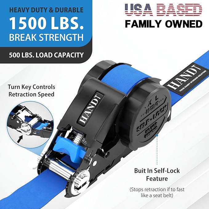 USA Based Retractable Ratchet Straps (2PK) 1in x 16ft - 1,500lb Break Strength, Heavy Duty Automatic Ratchet Straps Self Retractable Tie Down, Push Button Retracting Truck Trailer Cargo | Blue
