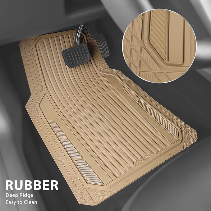 CAR PASS Heavy Duty Sporty Rubber Car Mats, Deep Dish All Weather Car Floor Mats Full Set, Waterproof Anti-Slip Automotive Matts Rugs Trim to Fit for Most Sedans SUVs, 4-Piece All Beige