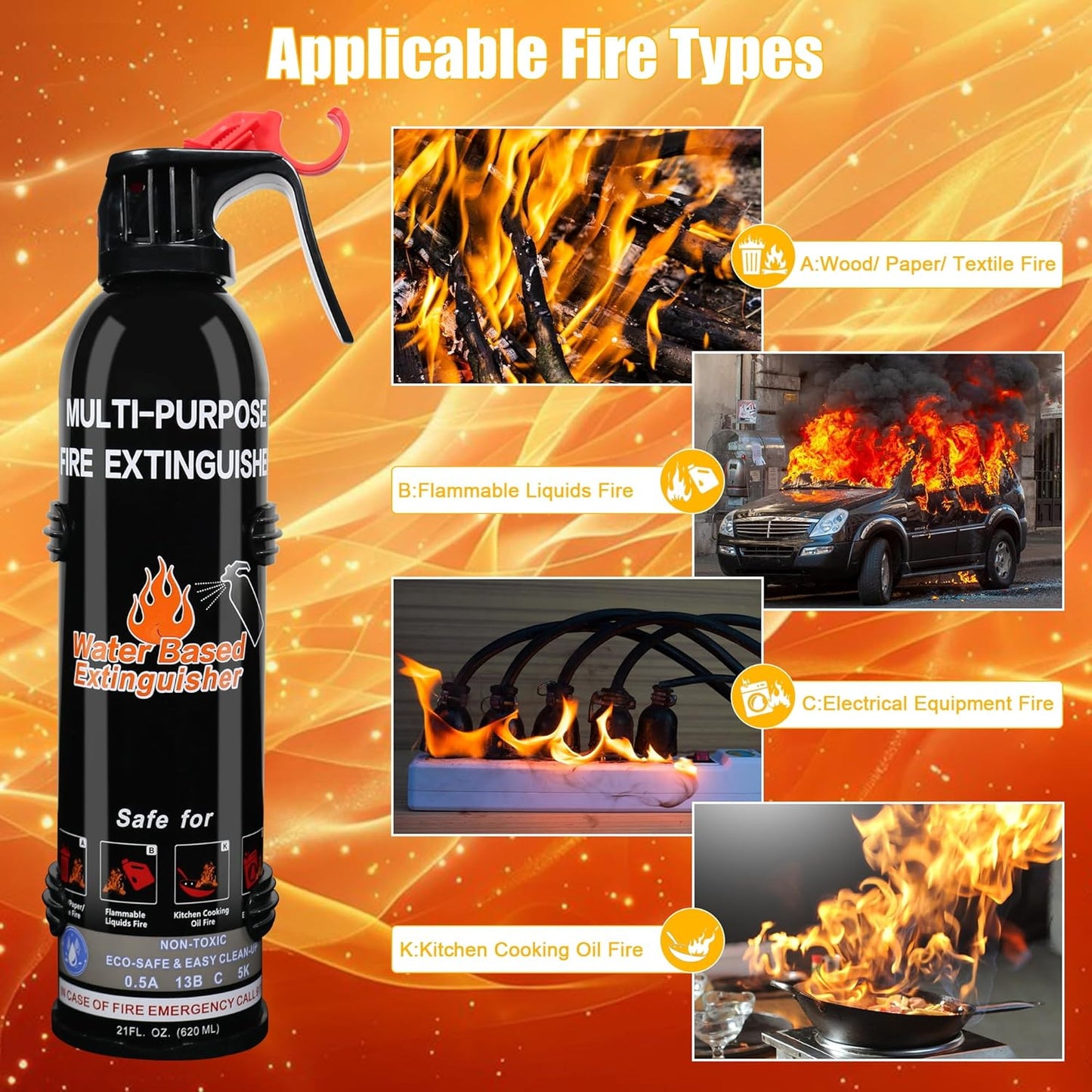 Fire Extinguishers for Home, 1 Pack Vehicle Fire Extinguisher with Mount, Portable Fire Extinguisher Effective on A, B, C, K Fires, Water-Based Extinguisher for Car Boat Office Truck Kitchen Garage RV