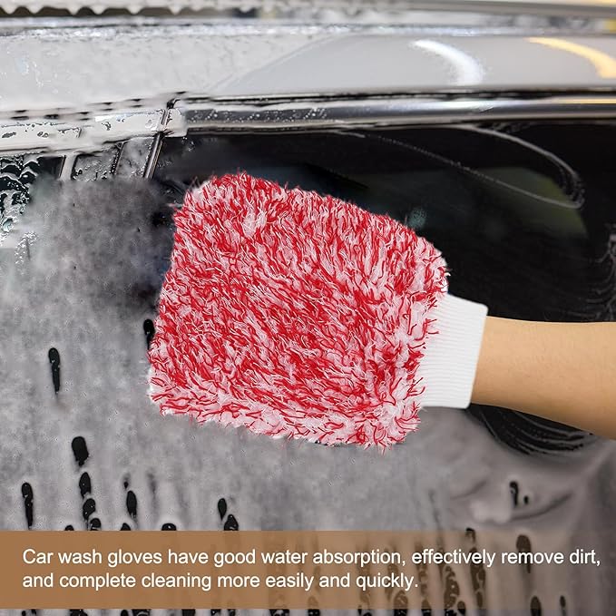 HARFINGTON 4pcs Chenille Microfiber Car Wash Mitts 9.1" x 6.7" Scratch Free Wash Gloves Absorbent Double Sided Plush Cleaning Drying Mitts for Car Washing Home, Red