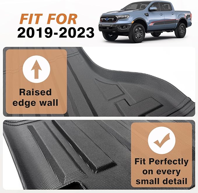 TripleAliners Truck Bed Mat Compatible with 2019-2023 Ford Ranger Accessories 5FT Vehicle Perfectly Flush All Weather Protection TPE Heavy Duty Pickup Car Bed Cargo Mat