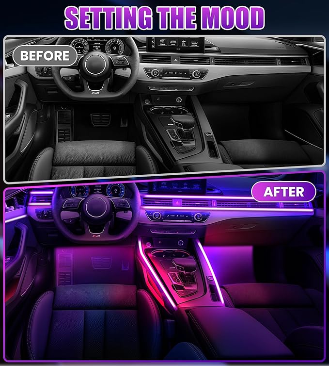 KENANEK 234’’ Acrylic Car Ambient Lighting Kit – 8 RGB LED Light Strips, APP/Remote/Control Box, Music Sync, Dual USB Cigarette Lighter, Universal Fit for Car/SUV/Truck
