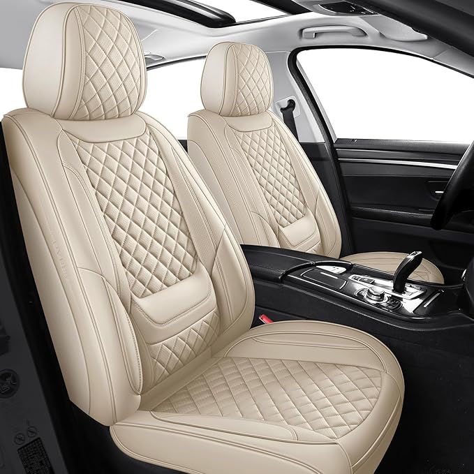 Leather Seat Covers for Cars Breathable Front Seat Covers Waterproof Seat Protectors Universal Fit for Most Automotive Cars SUV Trucks Van (Beige, Front Pair)