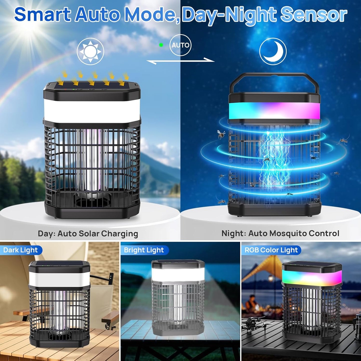 Solar Bug Zapper Outdoor 4000V Mosquito Zapper Solar 2IN1 Bug Repellent Outdoor Patio with 5500mAh Battery&LED,Electric Fly Zapper with Hook,Cordless&Rechargeable Mosquito Repellent for Patio Camping