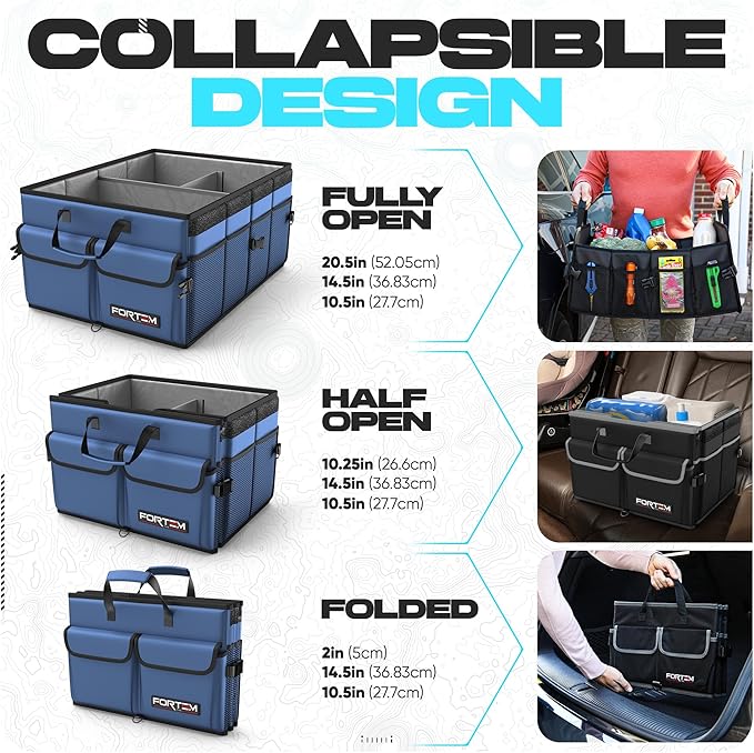 FORTEM Car Trunk Organizer, Collapsible Multi Compartment SUV Organizer, Foldable Storage for Car Accessories for Women Men, 600D Oxford, Non Slip Bottom, Securing Straps, Soft Cover (50L)