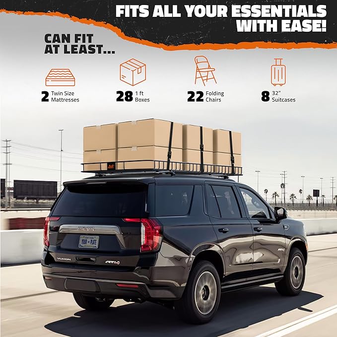 Mockins 90"x50"x6" XXL Heavy Duty Roof Rack Cargo Carrier for Top of Vehicle Storage | 250 Lbs. Cap Steel Car Roof Basket w/Straps | Weatherproof Rooftop Cargo Basket for SUV, RV, & Large Vehicles