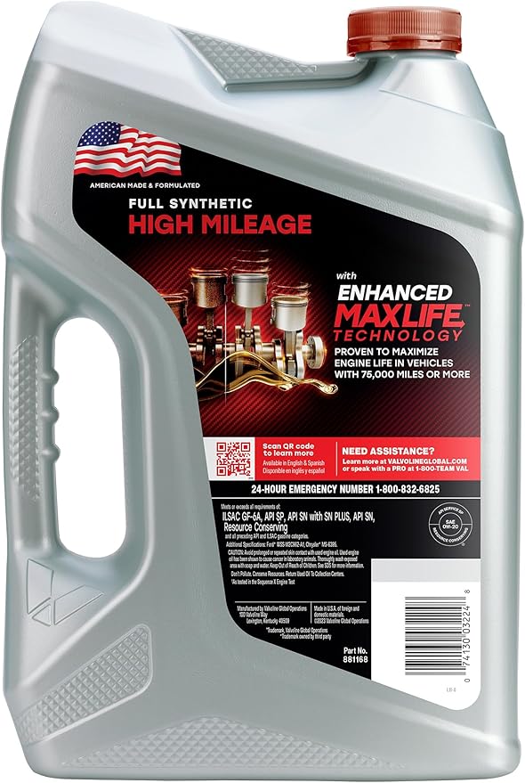 Valvoline™ Full Synthetic High Mileage with MaxLife™ Technology SAE 0W-20 Motor Oil 5 QT, (Model: 852399)