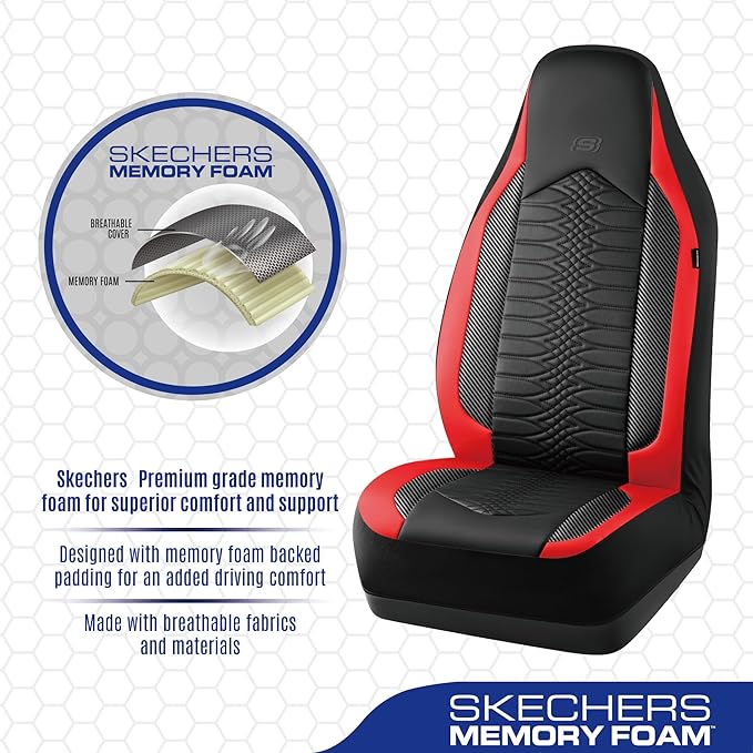 Skechers Memory Foam Car Seat Covers, Leather High Back Seat Covers Quilting Design,Waterproof Sports Car Seat Covers Front Seats,Airbag Compatible, Universal Fit for Most Cars, SUVs,Trucks,Red