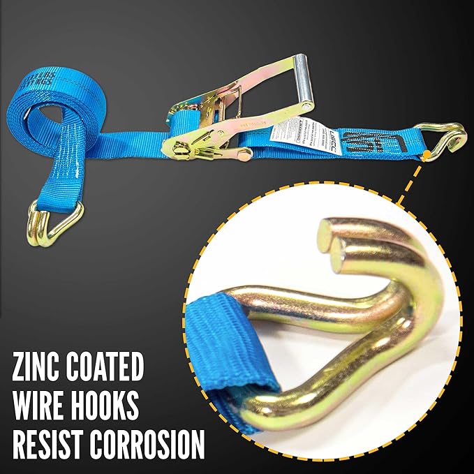 US Cargo Control 2 Inch Wide x 18 Foot Long Ratchet Strap with J Hooks, Blue Weather Resistant Webbing, 3,333 Pound Working Load Limit, 2 Pack