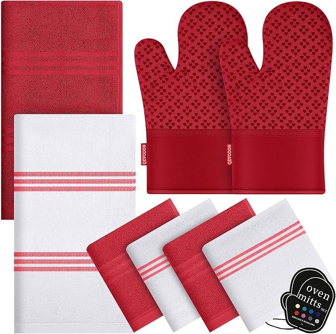 Dish Towels and Dishcloths with Oven Mitts Sets- 100% Cotton Tea Towels for Kitchen- 500 F Heat Resistant Oven Mittens 7.5"x12", Durable Dish Cloths 11.8"x11.8", Absorbent Dish Towels 13.5"x24"