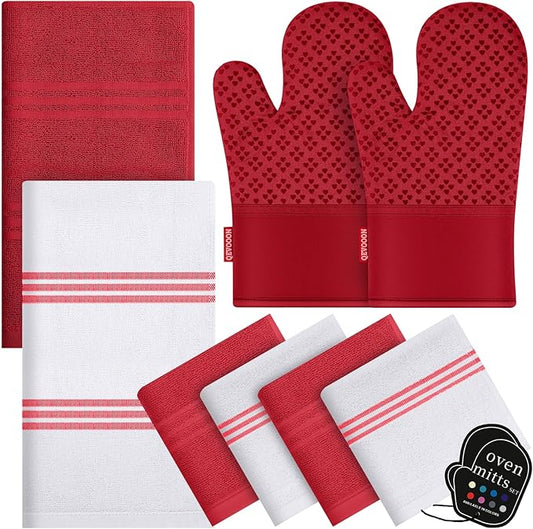 Dish Towels and Dishcloths with Oven Mitts Sets- 100% Cotton Tea Towels for Kitchen- 500 F Heat Resistant Oven Mittens 7.5"x12", Durable Dish Cloths 11.8"x11.8", Absorbent Dish Towels 13.5"x24"