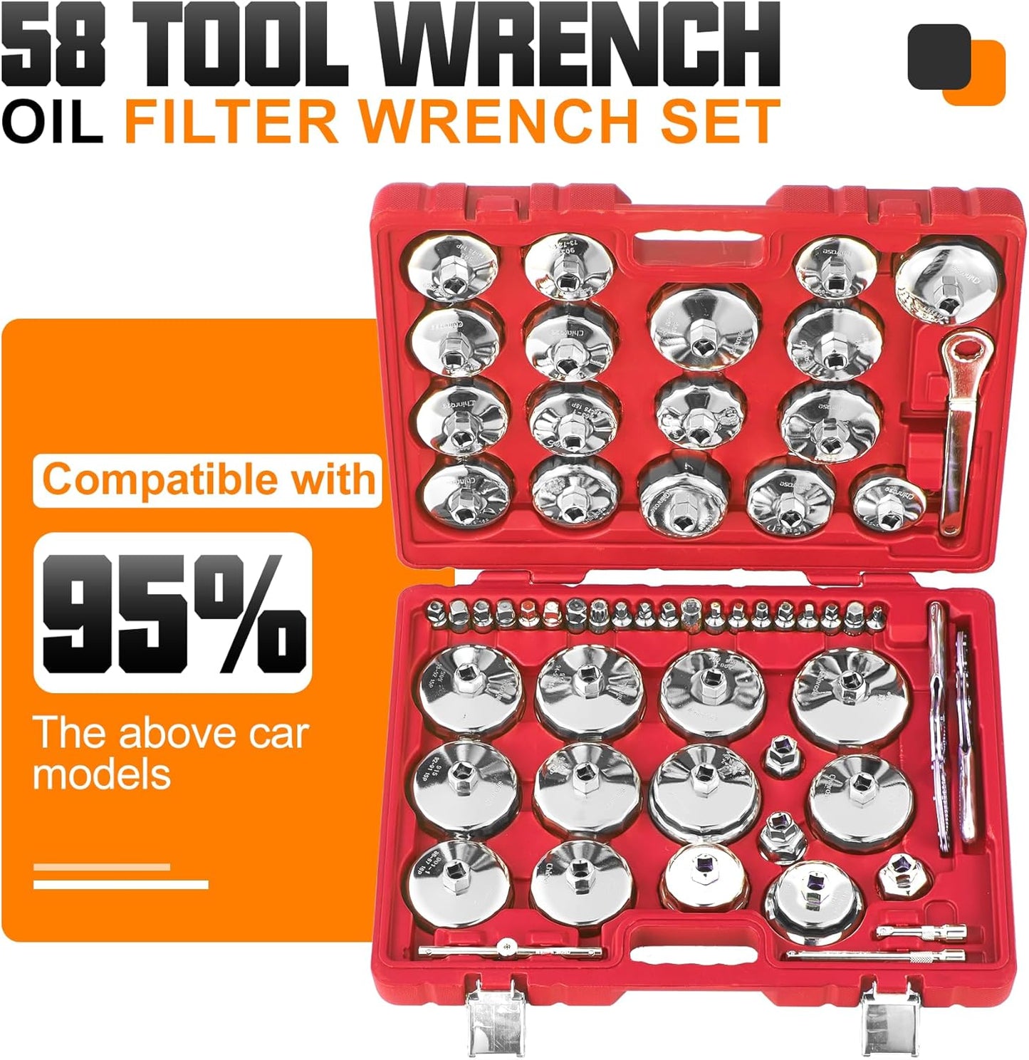 Auto Oil Filter Socket Wrench Set, Cup Type 1/2 inch Drive Cap Removal Tool, with Drain Plug Socket Set/Adjustable/Drive, Compatible, all Models Car, SUV, Oil Filter (58, RED)