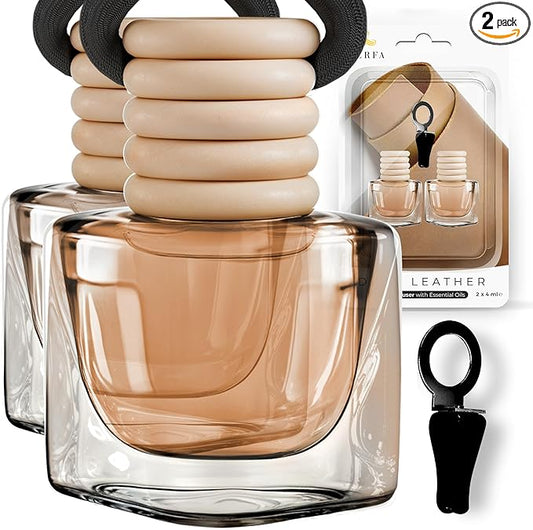 Deep Leather Car Air Freshener for Men | Pack of 2 Long Lasting Automotive Air Freshener | Odor Eliminator Car Perfume with Essential Oils | Car Air Freshener Vent Clip by Perfa