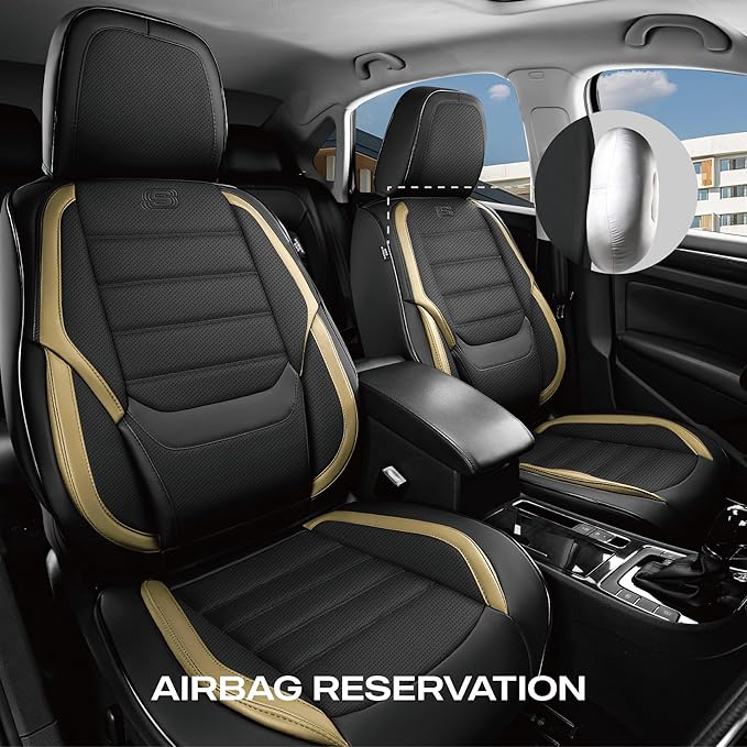 Skechers MAX Cushioning Seat Covers,Memory Foam Leather Car Seat Covers,Waterproof Car Seat Protector Front Seats,Car Seat Cushion Airbag Automotive Universal Fit for Most Cars,Vans,Trucks,SUV,Beige