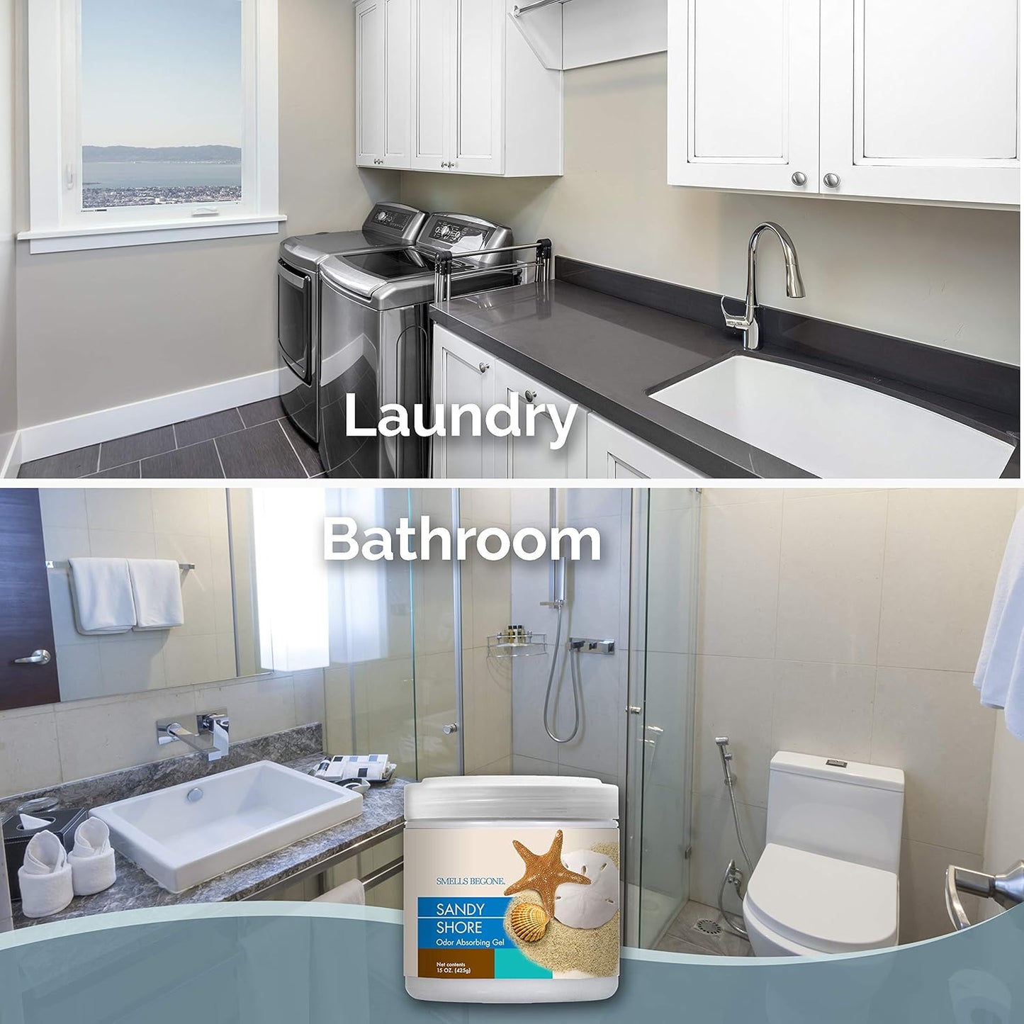 SMELLS BEGONE Air Freshener Odor Absorber Gel - 15 oz, Pack of 2 - Absorbs and Eliminates Odor in Pet Areas, Bathrooms, Cars, & Boats - Made with Essential Oils - Sandy Shore Scent