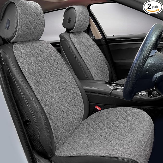 Linen Car Seat Covers Front Seat Covers Breathable Cloth Fabric Car Seat Protector - Universal Fit for Cars, Vans, SUVs, Trucks - 2 Units - Gray