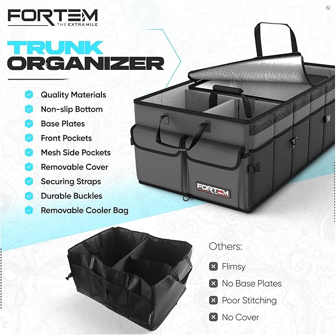 FORTEM Car Trunk Organizer with Cooler, Collapsible Multi Compartment SUV Organizer, Foldable Storage for Car Accessories for Women Men, 600D Oxford, Non Slip Bottom, Securing Straps Soft Cover (105L)