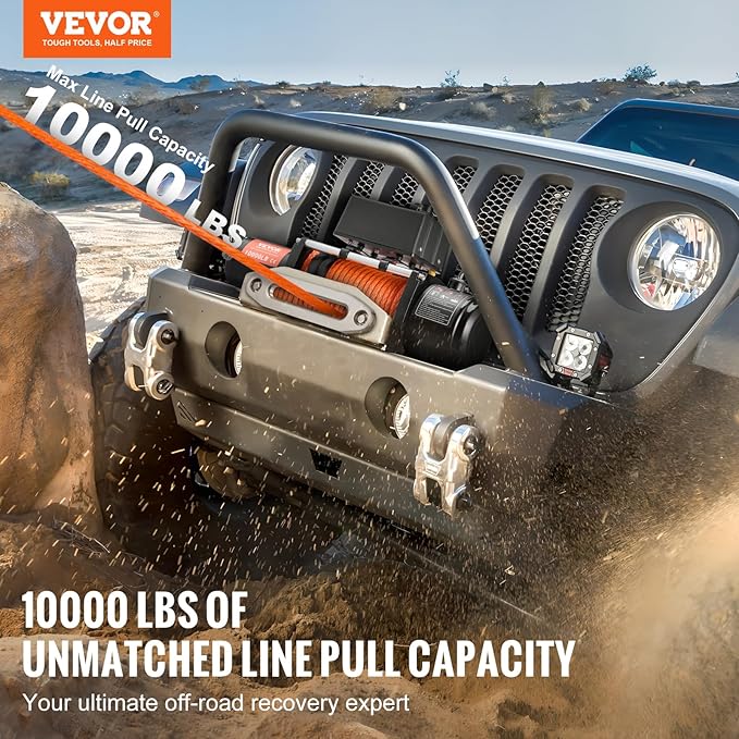 VEVOR Electric Winch, 10,000 lb Truck Trailer Jeep Winch, 12V DC 7/20 in x 65 ft Synthetic Rope Aluminum Fairlead Wireless & Wired Remote Control, IP55 Waterproof Towing for Off Road Jeep SUV Boat