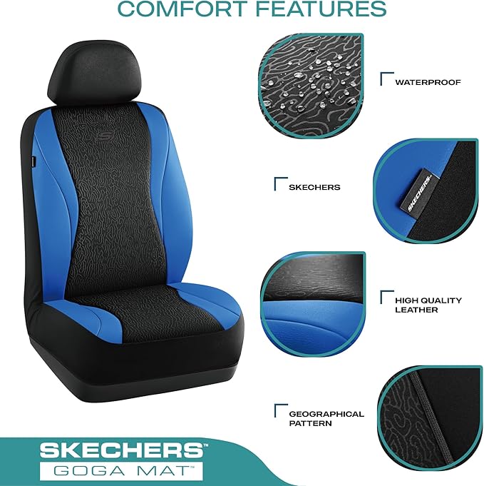 Skechers Car Seat Covers,Leather Seat Covers with GOGA Mat Technology,Waterproof Car Seat Covers Full Sets,Airbag Compatible,Comfort Universal Fit for Most Cars,Vans,Trucks,SUVs,Blue