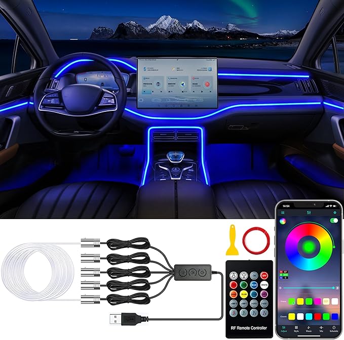 Car LED Lights, Interior Car Lights with Wireless APP/RF Remote/Button Control, Car Ambient Lighting Kit with 236" Integrated Molding Fiber Optic RGB Sync to Music (USB)