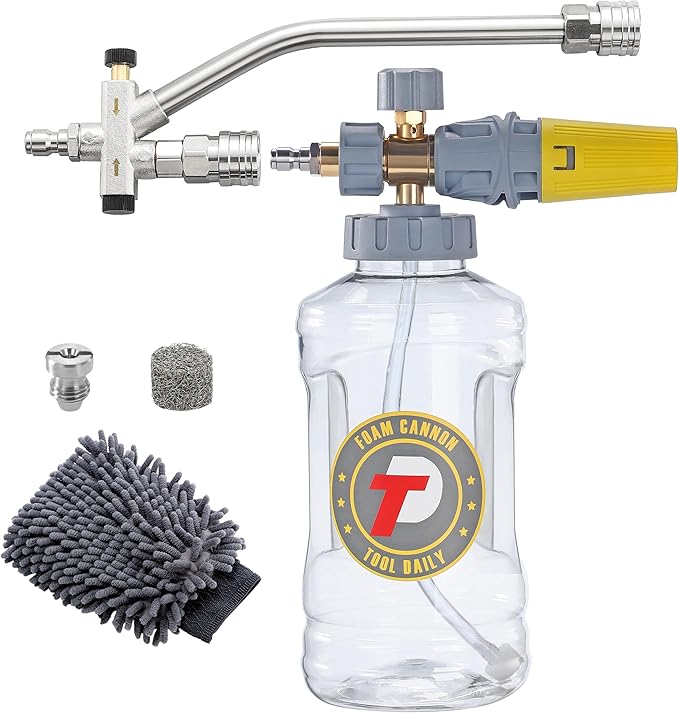 Tool Daily Foam Cannon for Pressure Washer with Dual Connector Accessory, Adjustable Soap Cannon with M22-14 and 1/4” Quick Connect Fittings, Additional Orifice Nozzle 1.1mm, 1.5 Liter