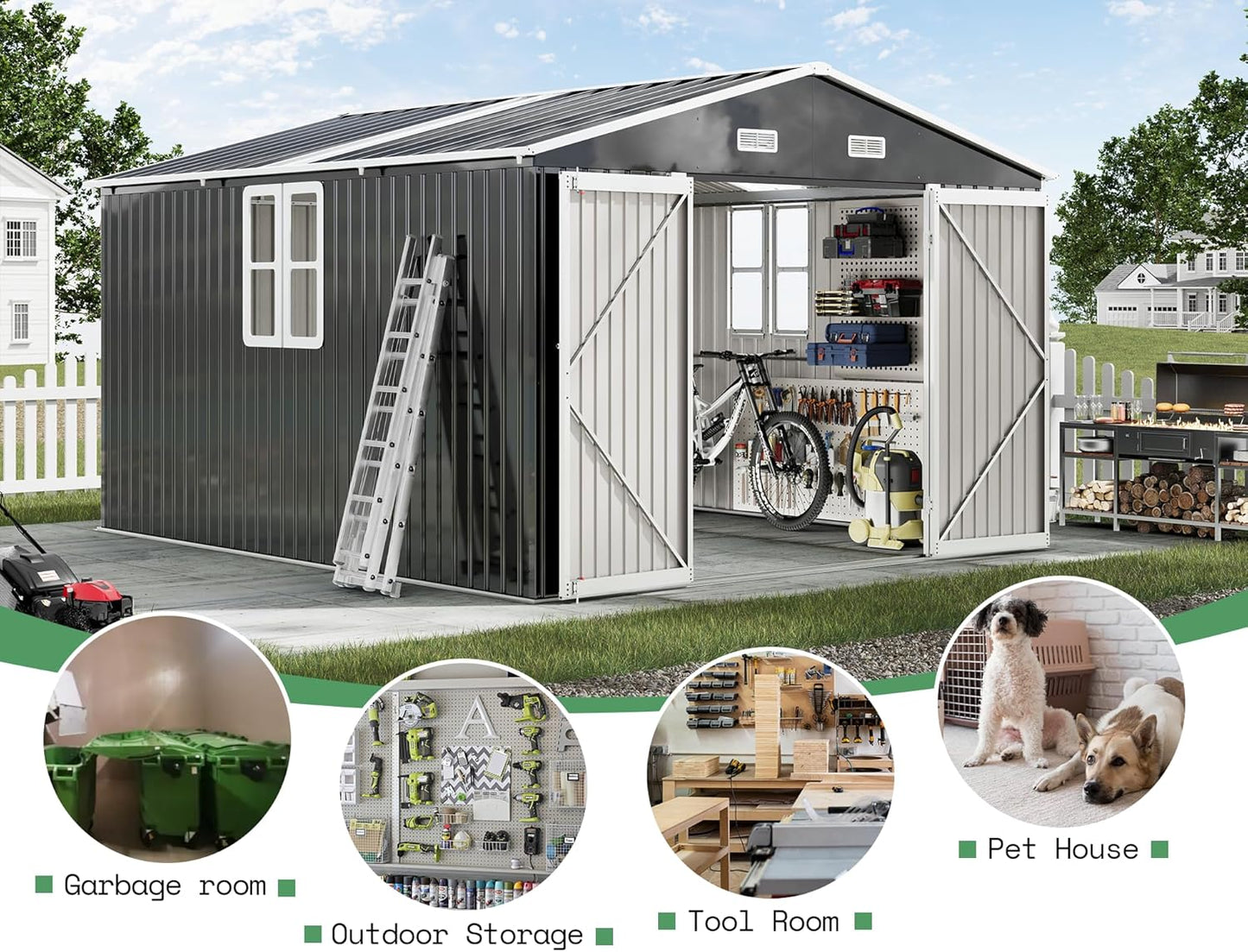 AMERLIFE 10x12x7 FT Galvanized Steel Storage Shed with Dual Transparent Panels, 2 4-Pane Windows & Hinged Double Doors, Outdoor Shed for Backyard, Garden, Patio, Dark Grey/White