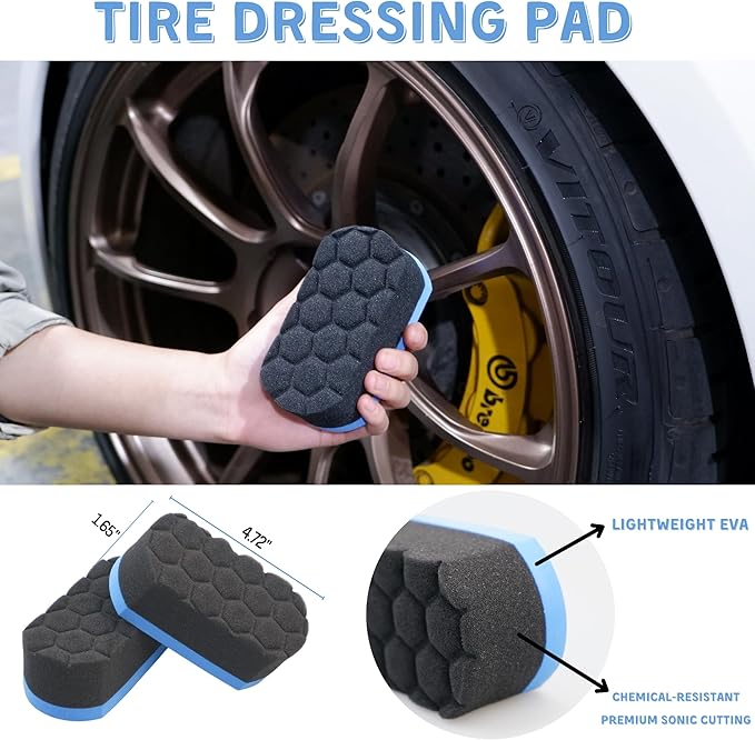 6PCS Car Wheel Cleaning Detailing Pro Kit, Tire Brush, 2 PCS Soft Woolies Rims Brush, Detailing Brush, and Tire Dressing Pads, Scratch-Free & Multipurpose Tire Brush