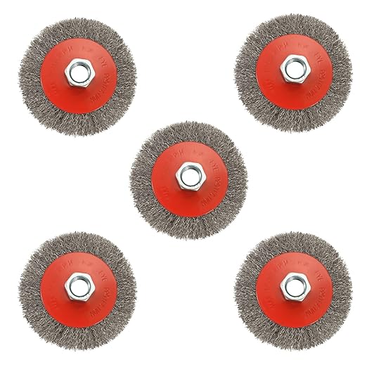 5 Pack 4 Inch Coarse Crimped Wire Wheel Brush for Angle Grinder with 5/8 Inch-11 Threaded Arbor - 0.014 Inch Carbon Steel Wire -Light Duty Conditioning for Metals