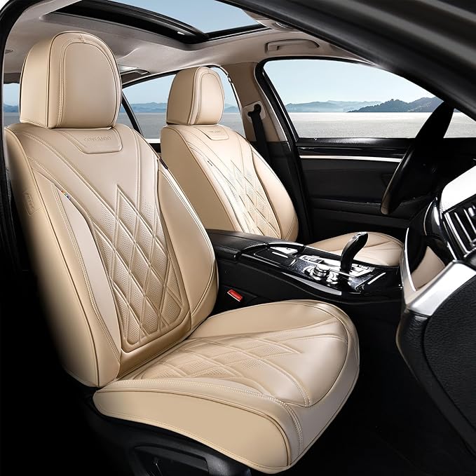 Coverado Car Seat Covers, Front Covers for Cars, Car Seat Cover Front Seats, Automotive Seat Cover, Waterproof, Leather Car Seat Cushion, Universal Interior Seat Protectors for Most Cars Beige