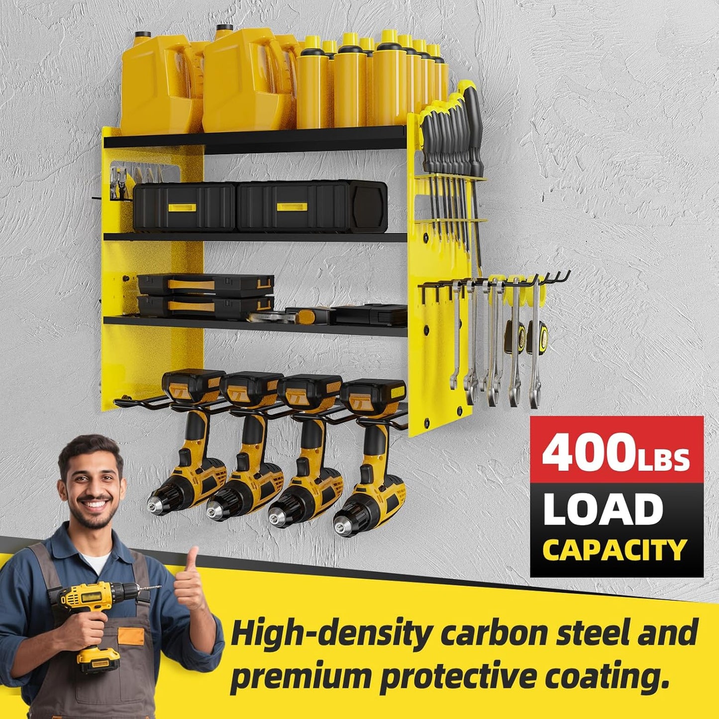 Power Tool Organizer Wall Mount with 4-Drill Holders-400Lbs Load Heavy Duty Metal 4-Layers Garage Storage and Organization Adjustable Battery Tools Rack Utility Racks Gifts for Men