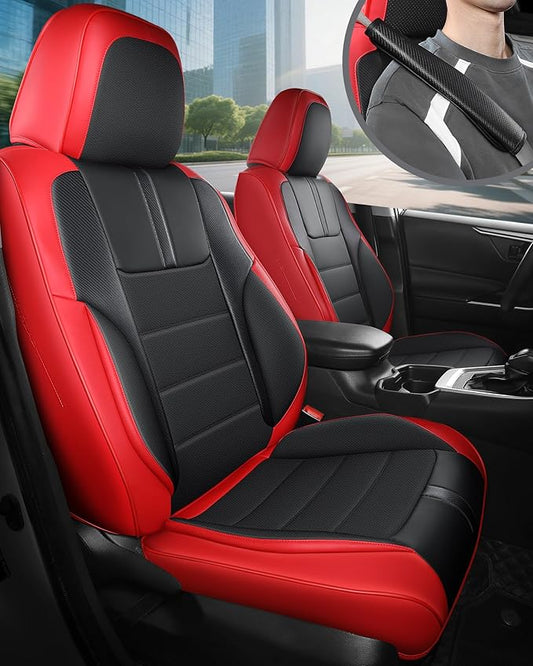 FREESOO Red Black Front Car Seat Covers - Faux Nappa Leather Seat Covers for Cars, with Carbon Fiber Texture Seatbelt Pads, Interior Protectors Universal Fit for Most Vehicles Sedans SUV Trucks Camry
