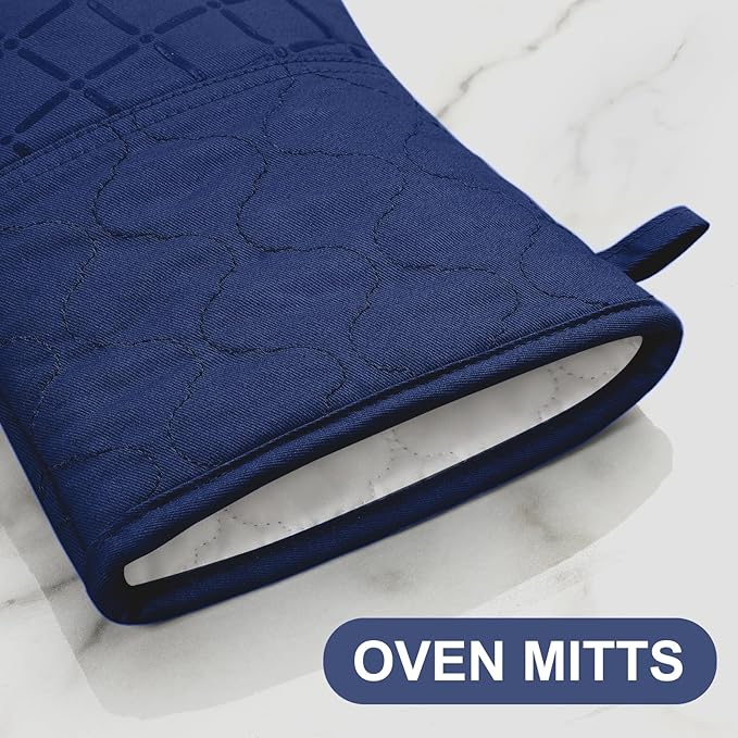 Oven Mitts Pot Holders Sets/Kitchen Towels and Dishcloths, Oven Gloves Kitchen Dish Towels 500 Degree Heat Resistant Potholders with Non-Slip Silicone Surface for Cooking, Grilling, Baking-Marine Blue