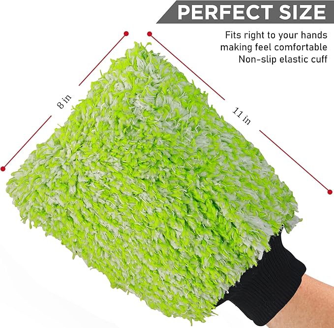 TAKAVU New Car Wash Mitt, 2 Pack Premium Cyclone Microfiber Washing Gloves, Holds Tons of Sudsy Water for Effective Washing, Machine Washable, Lint Free, Scratch Free (Green & White)