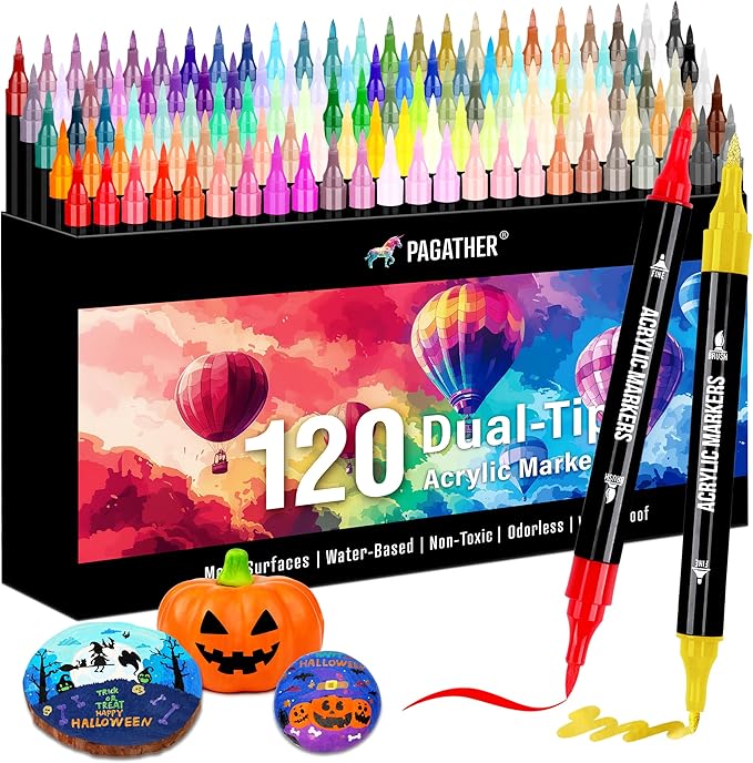 120 Colors Acrylic Paint Markers, Dual Tip Fine Tip and Brush Tip Pens Contain 24 Metallic Color for Stone, Wood, Calligraphy, Canvas, Ceramic, Metal, Glass, Rock Painting, DIY Crafts