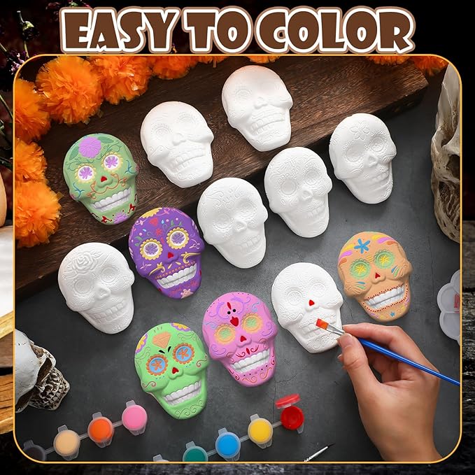 Simgoing 24 Sets Day of The Dead Sugar Skull Ceramic Painting Kit for Adults Dia De Los Muertos Decor Halloween Figurines Crafts Paint Your Own DIY Skull Figurines with 24 Magnet