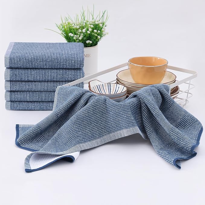 Homaxy Premium Kitchen Towels(18”x 28”, 8 Pack), Large Cotton Kitchen Hand Towels, Flat and Terry Dish Towels, 380 GSM Highly Absorbent Tea Towel Set with Hanging Loop, Navy Blue