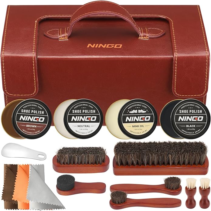 NINGO Leather Shoe Polish Kit, 16pcs Shoe Shine Kit with 6 Horsehair Brushes, 3 Black Brown Neutral Shoe Polish & Mink Oil