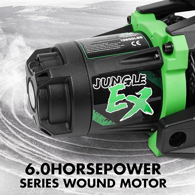 Winch 13500 lb Winch 12V Waterproof Electric Winch Synthetic Rope Winch Off Road Winches with 2 in 1 Wireless Remote for Towing Jeep Truck Off Road (Jungle EX)