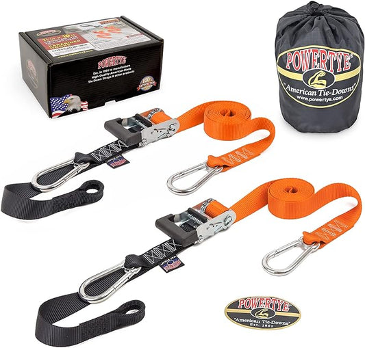 PowerTye 1.5 inch x 10ft Extra Long Ratchet Tie Down Straps, Heavy Duty with Carabiner Hooks, Soft-Tye & Bag, for Motorcycle, ATV & Cargo - 1,000 lb WLL - Made in USA - Orange/Black Pair