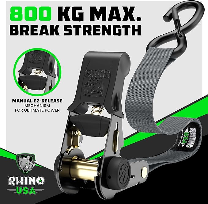 Rhino USA Ratchet Straps Tie Downs (4-Pack) - 1 Inch x 15 Feet (1,823lb Break Strength) - Ultimate Tie Down Straps with Safety S Hooks - for Trucks, Cargo, Moving, Appliances - Black