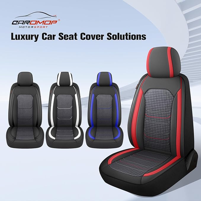 CAROMOP Premium PU Leather&Flannel Car Seat Covers 2 Front Set with Breathable Cloth,Universal Fit for Most Car Interior Covers-Sedan Truck SUV(Black/Red)
