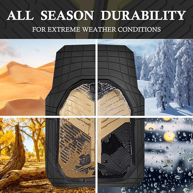 CAR PASS Heavy Duty Rubber Car Mats, Deep Dish Car Floor Mats All Weather, Car Mats Full Set 4-Piece Trim to Fit for Sedans SUVs Trucks, Waterproof Anti-Slip Automotive Mats, V12 Black Champagne Gold