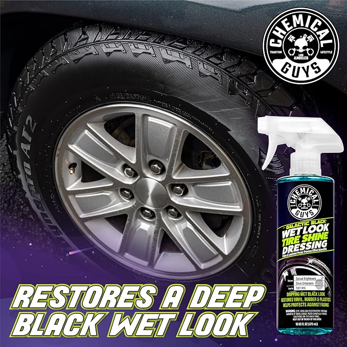 Chemical Guys Galactic Black Wet Look Tire Shine Dressing – High Gloss Spray for Tires, Trim and Rubber – Restores Deep Black Shine and Protection for Cars, Trucks, Motorcycles and RVs, 16 oz