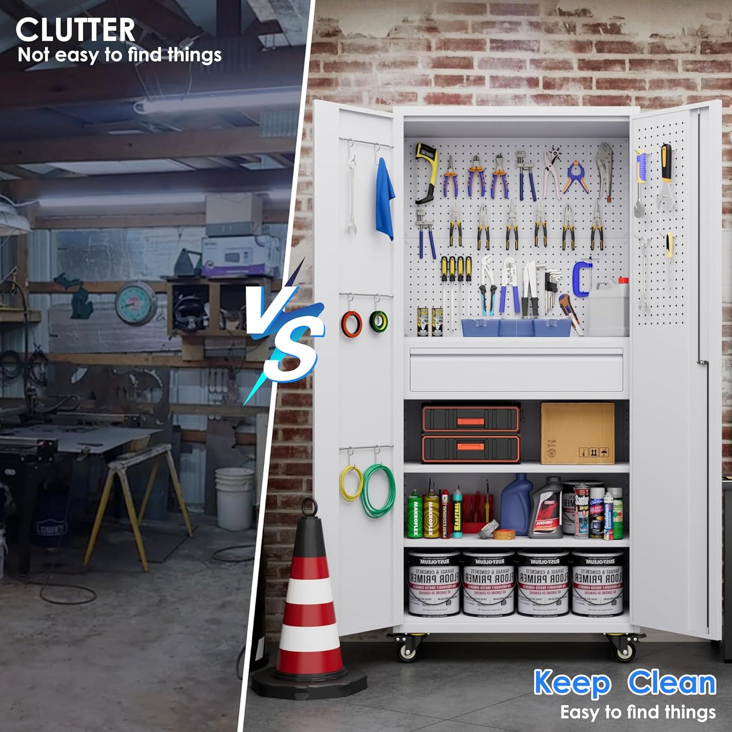 71" Metal Garage Storage Cabinet with 16 Hooks and Pegboards,1 Drawer Inside Rolling Tool Storage Cabinet with Adjustable Shelves,3 Metal Hanging Rod for Garage,Warehouse(White)