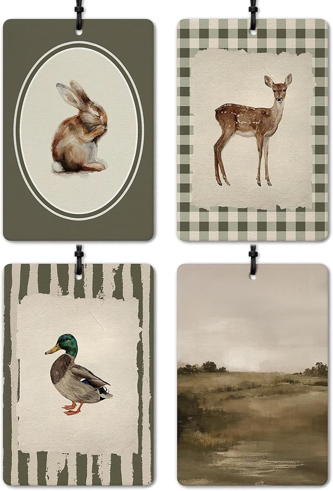 Vintage Farmhouse Animals Car Air Freshener 4 Pcs, Retro Rabbit Deer Duck Hanging Air Freshener for Cars Closet Drawer Books Office, Girly Car Accessories Mirror Decor for Women