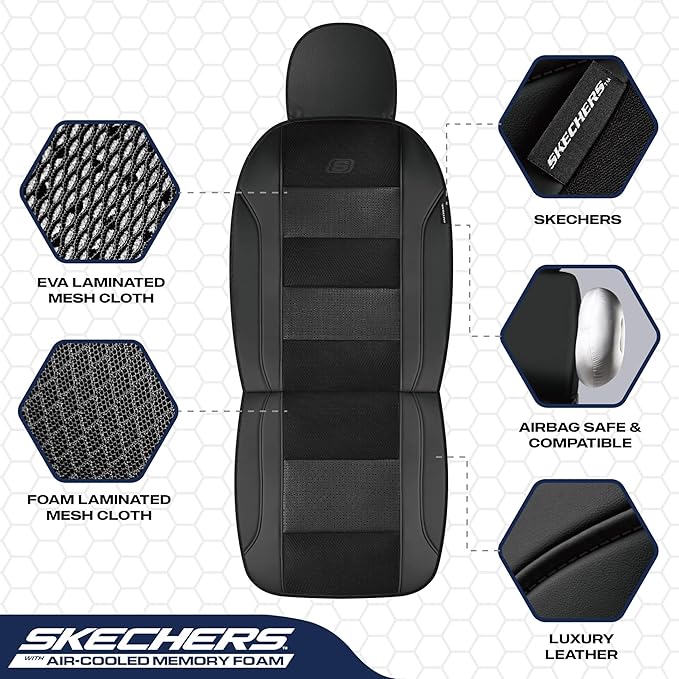 Skechers Aircooled & Memory Foam Car Seat Covers,Premium Leather with EVA Mesh Seat Covers, Front car seat Protector, Airbag Compatible, Automotive Comfort for Most Cars, Vans, Trucks, SUV,Black
