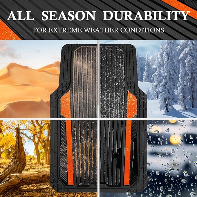 CAR PASS Heavy Duty Rubber Car Mats Metallic, Aluminum Film All Weather Floor Mats Waterproof Universal Trim to Fit SUVs Sedans Vans 4 Piece Anodized Deep Dish Two-Tone Sporty Black Orange Chrome