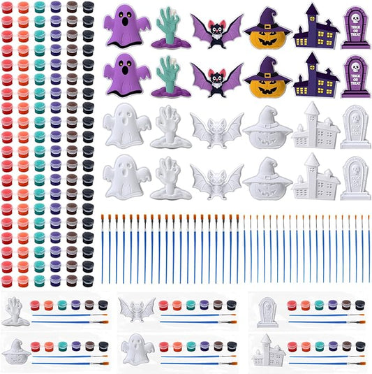Foilswirl 24 Set Halloween Ceramic to Paint DIY Ghost Tombstone Bat Pumpkin Haunted House Crafts Painting Kit Unpainted Crafts with Brush Bag for Halloween Party Favor Gifts Boo Basket Stuffers
