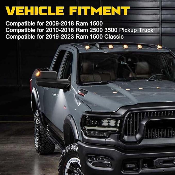 Pair Power Heated Towing Mirrors Compatible with 2009-2018 Dodge Ram 1500 2500 3500/2019-2024 Ram 1500 Classic w/LED Turn Signal Light Side Mirror Temperature Sensor (Black)